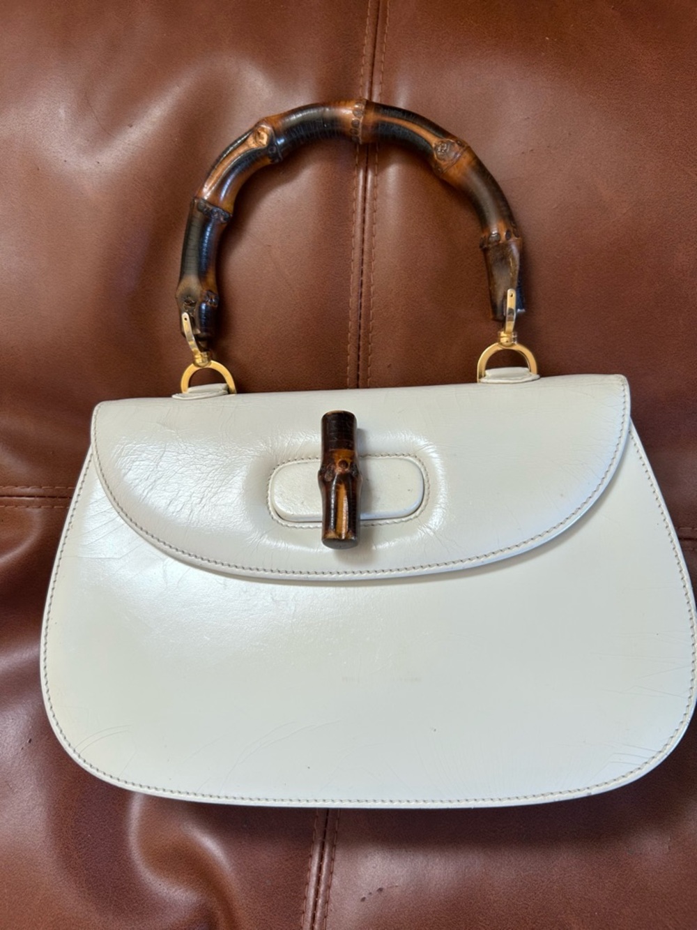 White Leather Bamboo-Handle Top-Handle Purse